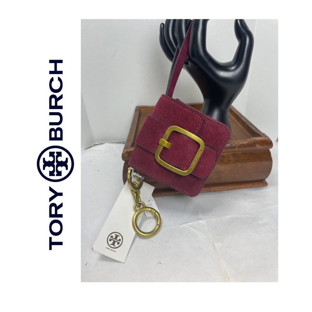 Tory Burch Eleanor Micro Nano‎ Bag Charm Suede Burgundy Gold Buckle Keychain New